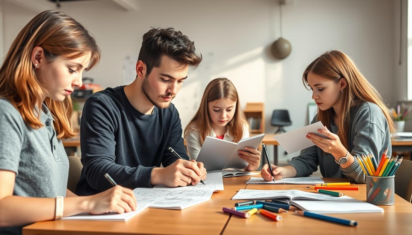 Students studying together in modern classroom